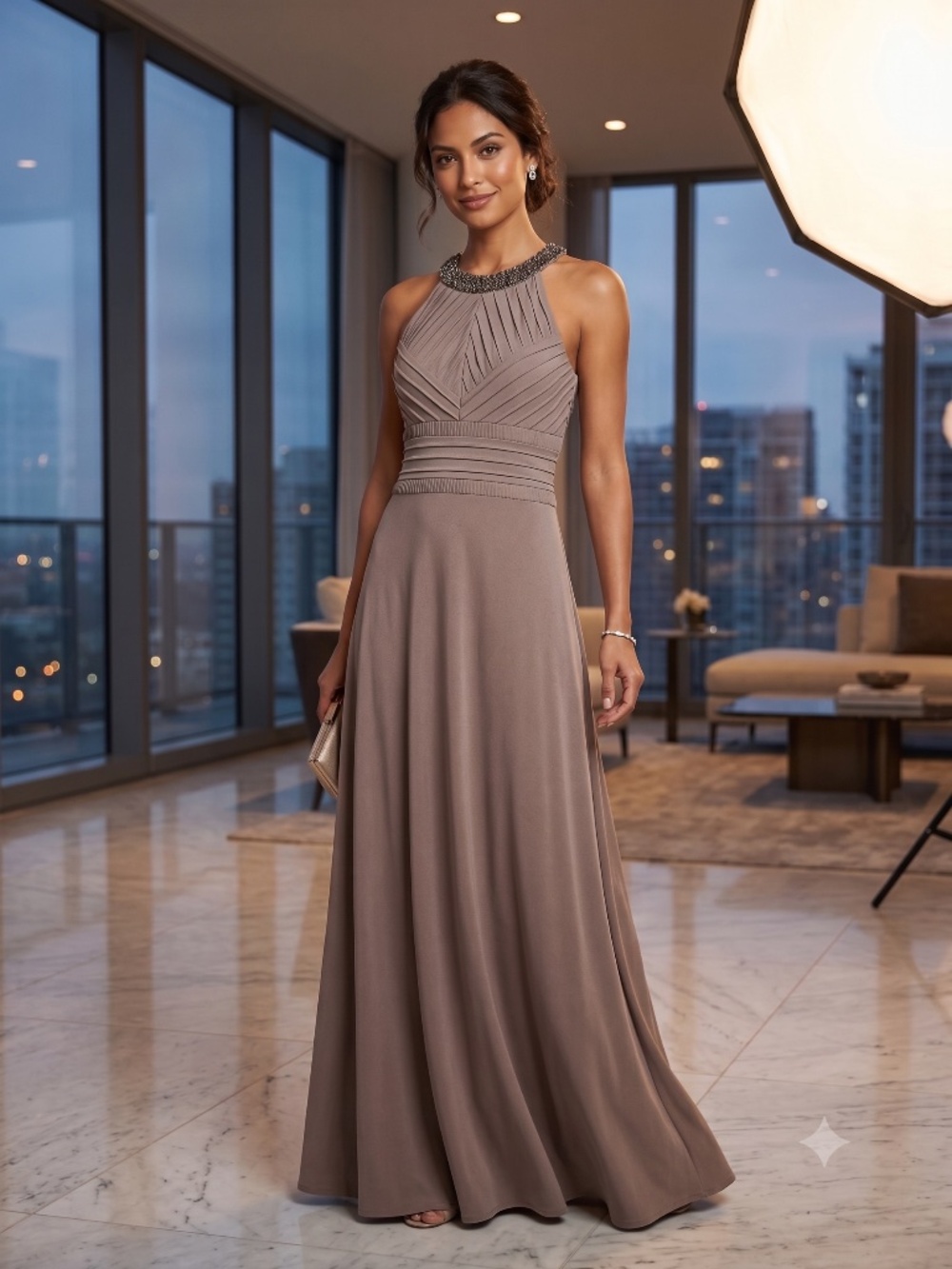 Calvin Klein Embellished Halter Pleated Maxi Gown -- Size 4